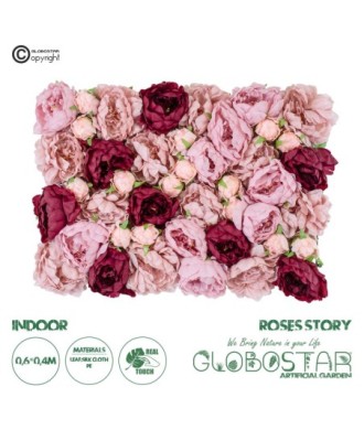 GloboStar® Artificial Garden ROSES STORY 20355 Τεχνητό Διακοσμητικό Πάνελ Λουλουδιών - Κάθετος Κήπος σύνθεση Ροζ & Βυσσινί Τριαντάφυλλα Μ40 x Π60 x Υ8cm